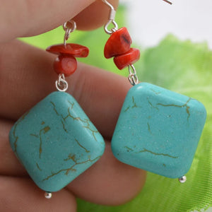 Arrival Unique AA Turquoise Earrings Red Coral Square Turquoise Jewelry