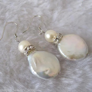 Freshwater Pearl Round Coin Silver Dangle Earrings