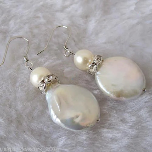 Freshwater Pearl Round Coin Silver Dangle Earrings