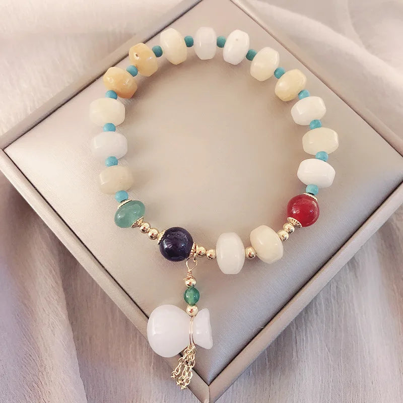 Vintage Lucky Bag Natural Jade Bracelets for Women Handemade Crystal Bea