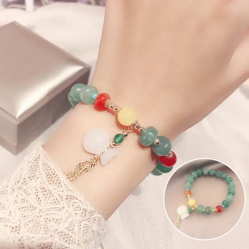 Vintage Lucky Bag Natural Jade Bracelets for Women Handemade Crystal Bea