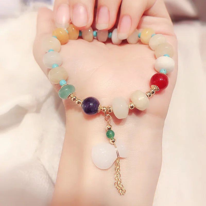 Vintage Lucky Bag Natural Jade Bracelets for Women Handemade Crystal Bea