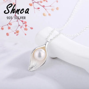 Sterling Silver Leaf Pearl Pendant Necklace for Women