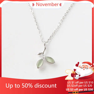 925 Silver Green Leaves Necklace Women Pendant