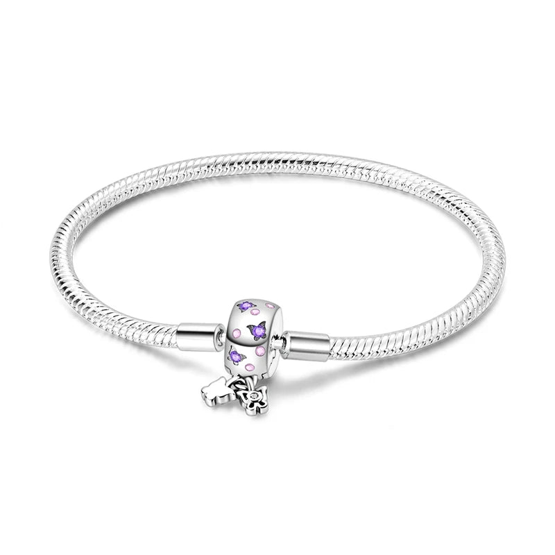 925 Silver Pink Purple Butterfly Bracelet Romantic Jewelry