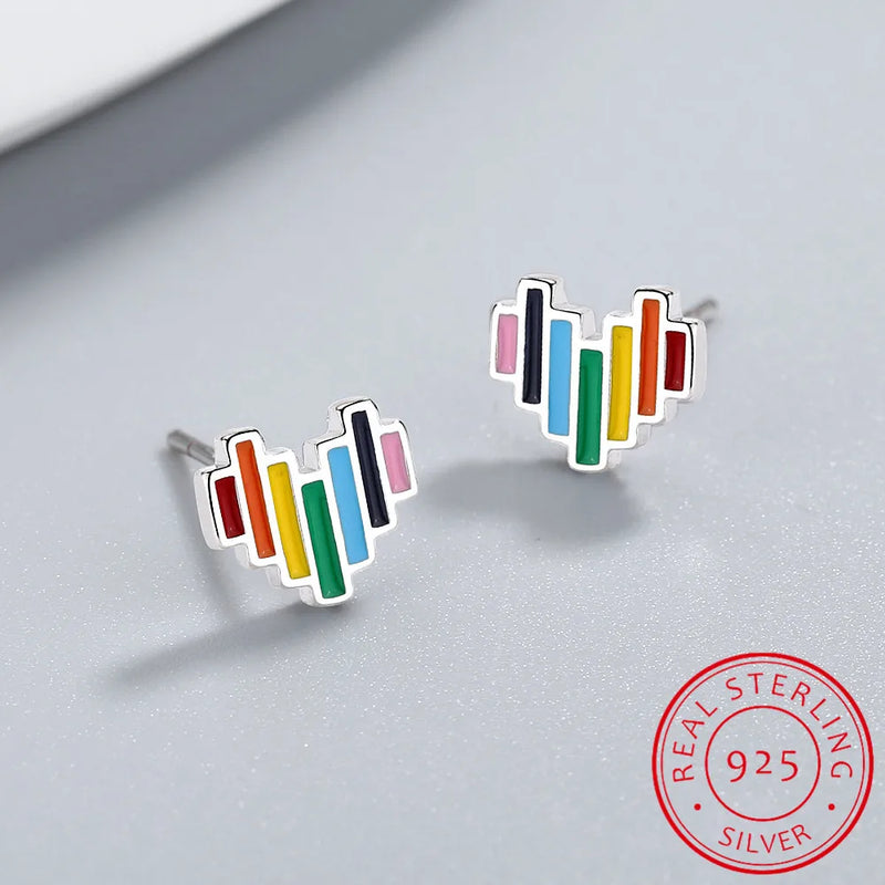 Rainbow Hearts Stud Earrings 925 Sterling Silver Enamel Jewelry