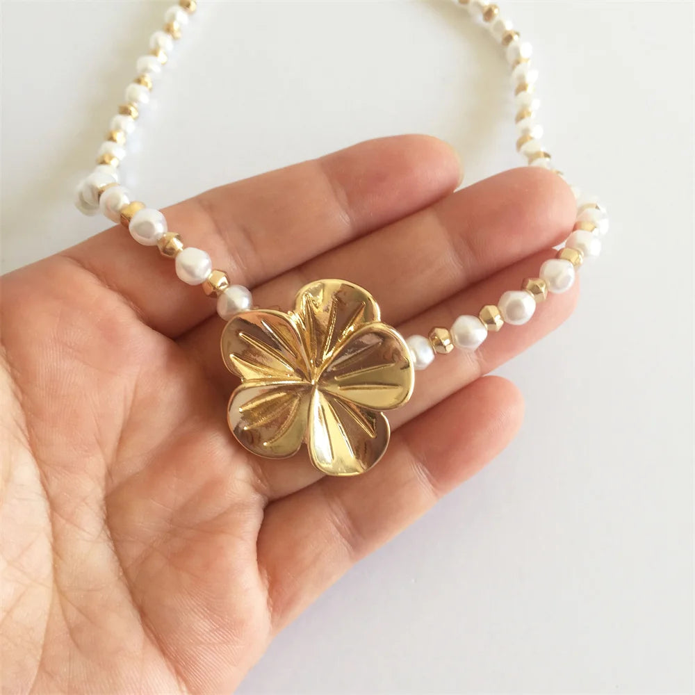 Flower Charm Pearl Strand Necklace for Women