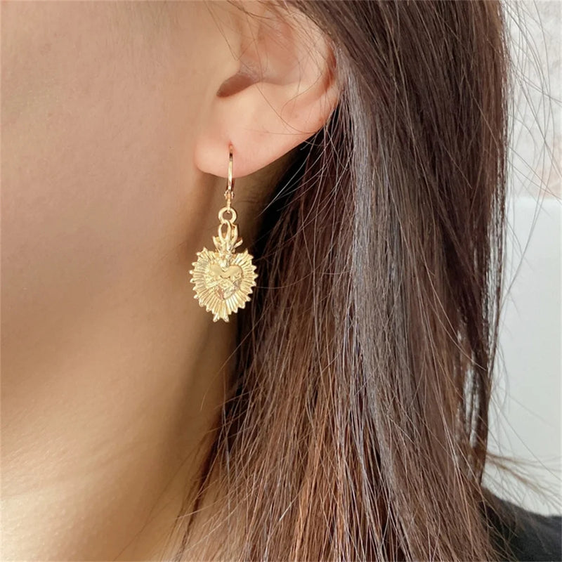 Textured Heart Charm Hoop Earrings For Women