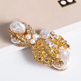 Golden Metal Dangle Pearl Earrings Statement Rhinestone Leaves Drop Earring