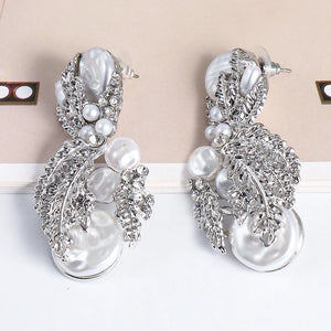 Golden Metal Dangle Pearl Earrings Statement Rhinestone Leaves Drop Earring