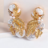 Golden Metal Dangle Pearl Earrings Statement Rhinestone Leaves Drop Earring