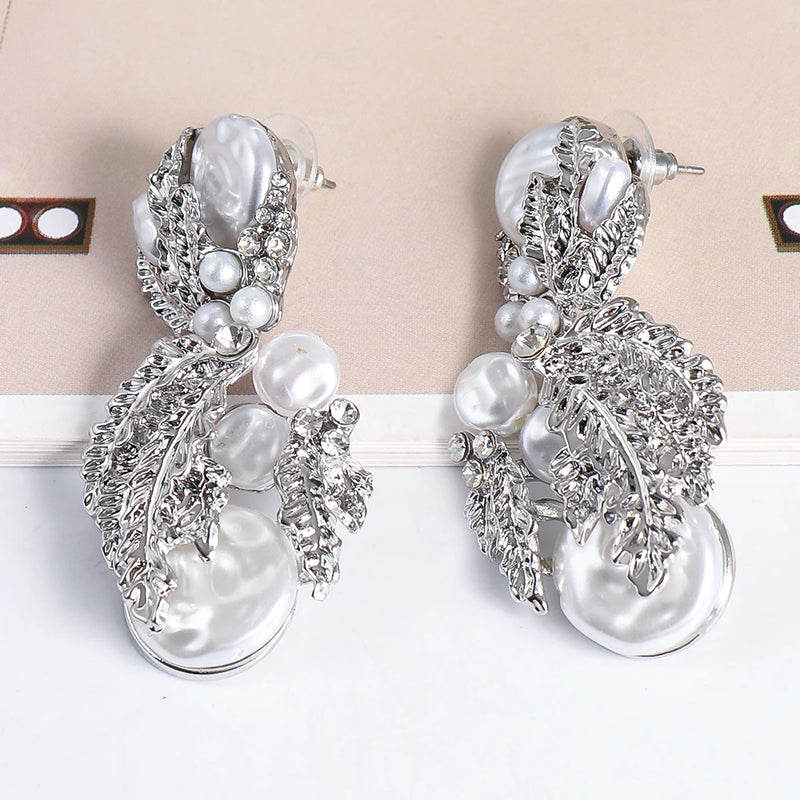 Golden Metal Dangle Pearl Earrings Statement Rhinestone Leaves Drop Earring