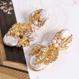 Golden Metal Dangle Pearl Earrings Statement Rhinestone Leaves Drop Earring
