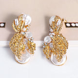 Golden Metal Dangle Pearl Earrings Statement Rhinestone Leaves Drop Earring