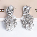 Golden Metal Dangle Pearl Earrings Statement Rhinestone Leaves Drop Earring