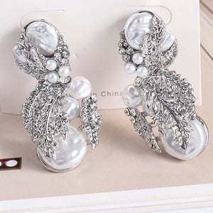 Golden Metal Dangle Pearl Earrings Statement Rhinestone Leaves Drop Earring