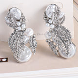 Golden Metal Dangle Pearl Earrings Statement Rhinestone Leaves Drop Earring