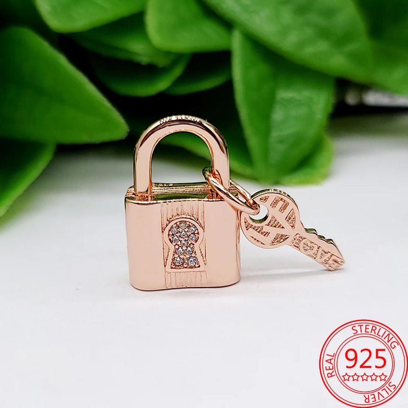 Rose Padlock & Key Dangle Charm 925 Sterling Silver Bracelet Girl Jewelry Gift
