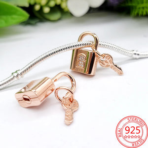 Rose Padlock & Key Dangle Charm 925 Sterling Silver Bracelet Girl Jewelry Gift