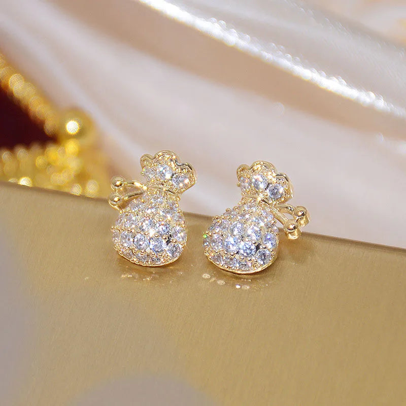 Pave Cz Small Cloth Bag Earring 14K Zirconia Stud Earrings Daily Jewelry