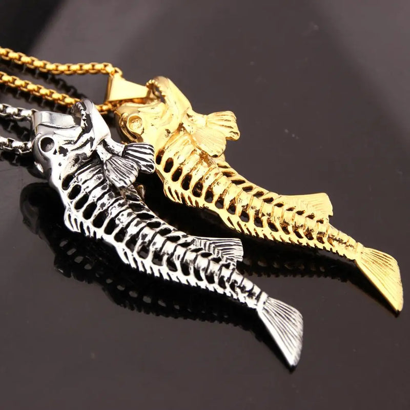Stainless Steel Fish Bone Pendant Necklace Box Chain 24in