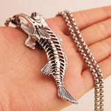 Stainless Steel Fish Bone Pendant Necklace Box Chain 24in