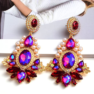 Long Crystal Pearl Metal Dangle Drop Earrings for Women