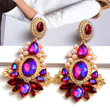 Long Crystal Pearl Metal Dangle Drop Earrings for Women