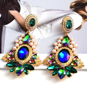 Long Crystal Pearl Metal Dangle Drop Earrings for Women