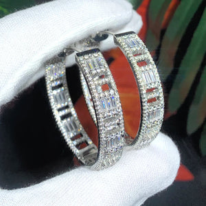 Silver Plated Women Jewelry Cubic Zircon Ice Out Bling CZ 45MM Big Hoop Earring