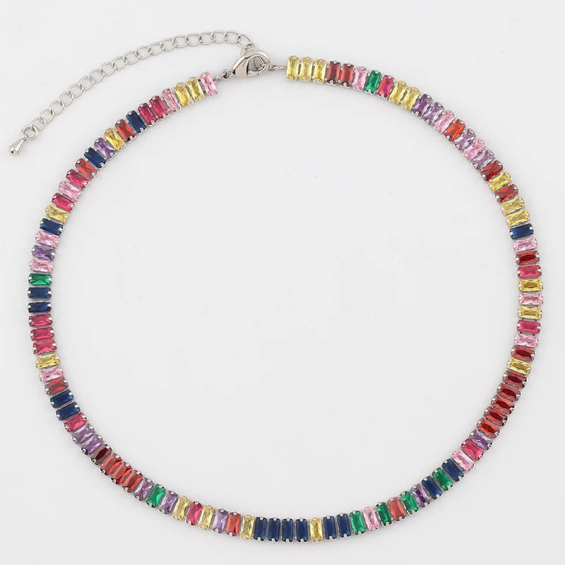 Colorful CZ Choker Necklace Rainbow Tennis Chain