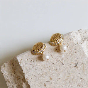 S925 Silver Shell Stud Earrings with CZ Stone & Natural Pearl Beads