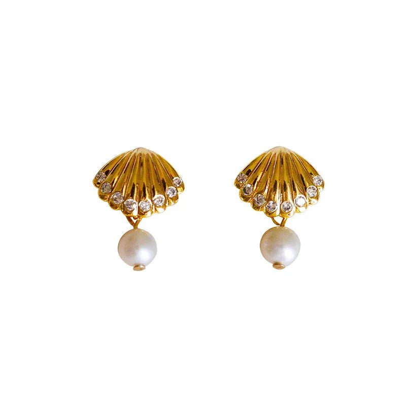 S925 Silver Shell Stud Earrings with CZ Stone & Natural Pearl Beads