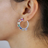Spring Rectangle Cz Hoop Earring With Colorful Cz Charm Women Earrings
