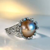 Vintage Silver Flower Zircon Pearl Ring for Women