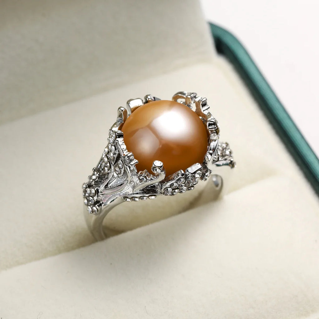 Vintage Silver Flower Zircon Pearl Ring for Women