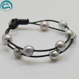 Arriver Leather Pearl Bracelet 2 Rows Gray Freshwater Pearl Real Leather 20cm