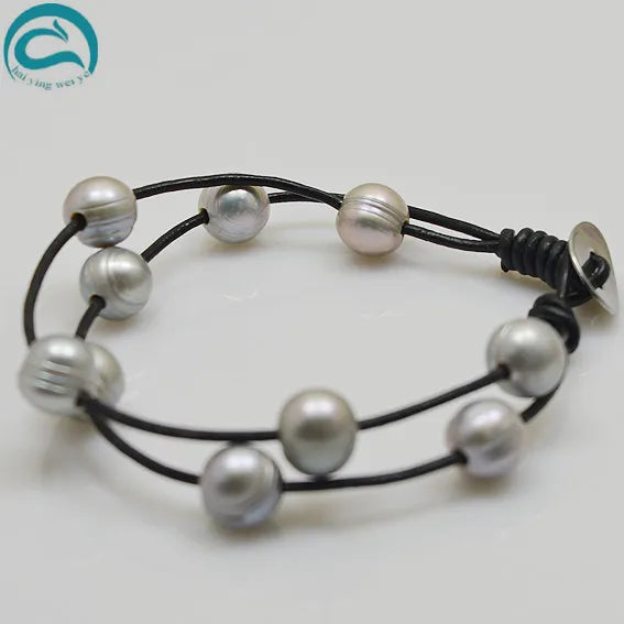 Arriver Leather Pearl Bracelet 2 Rows Gray Freshwater Pearl Real Leather 20cm