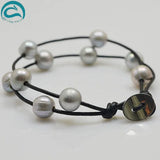 Arriver Leather Pearl Bracelet 2 Rows Gray Freshwater Pearl Real Leather 20cm