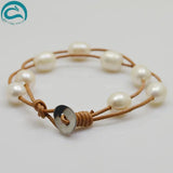 Arriver Leather Pearl Bracelet, 2rows Freshwater Pearls Brown Leather