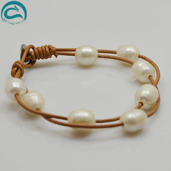 Arriver Leather Pearl Bracelet, 2rows Freshwater Pearls Brown Leather