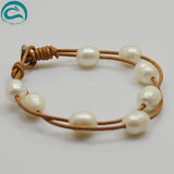 Arriver Leather Pearl Bracelet, 2rows Freshwater Pearls Brown Leather