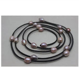 Dark Gray Leather Natural Purple Freshwater Pearl Necklace 48in
