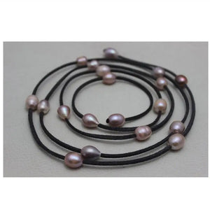 Dark Gray Leather Natural Purple Freshwater Pearl Necklace 48in