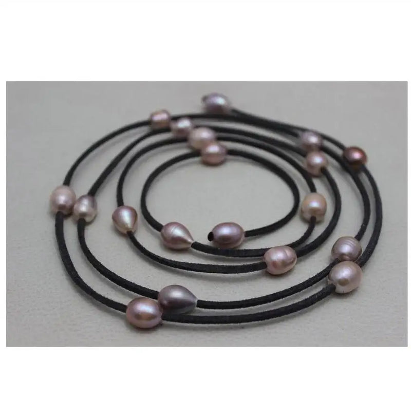 Dark Gray Leather Natural Purple Freshwater Pearl Necklace 48in