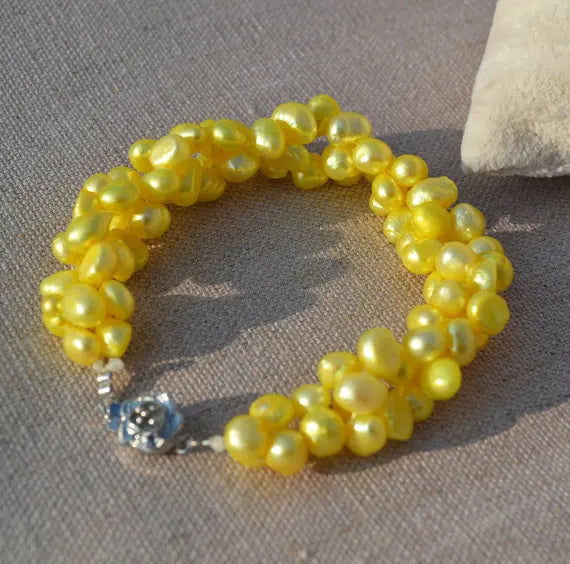Yellow Twist Freshwater Pearl Bracelet 7in Flower Clasp