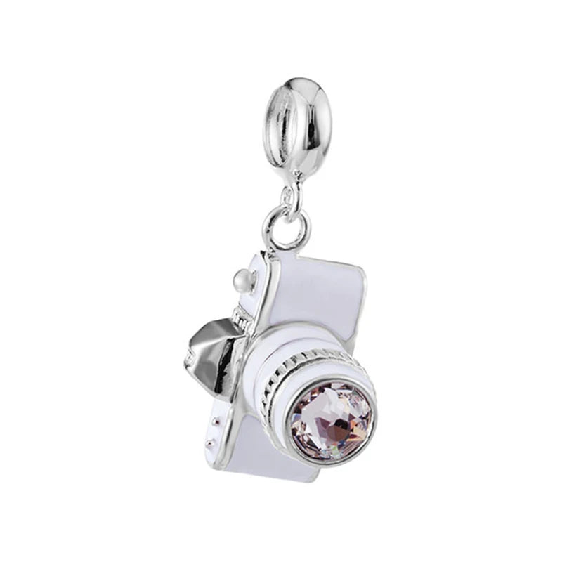 925 Sterling Silver Camera Pendant Crystal Charm for Bracelets