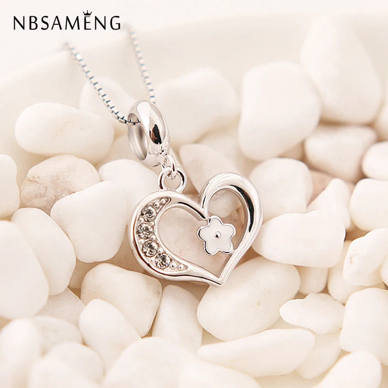 925 Silver Flower Heart CZ Pendant Charm for Bracelet DIY Jewelry