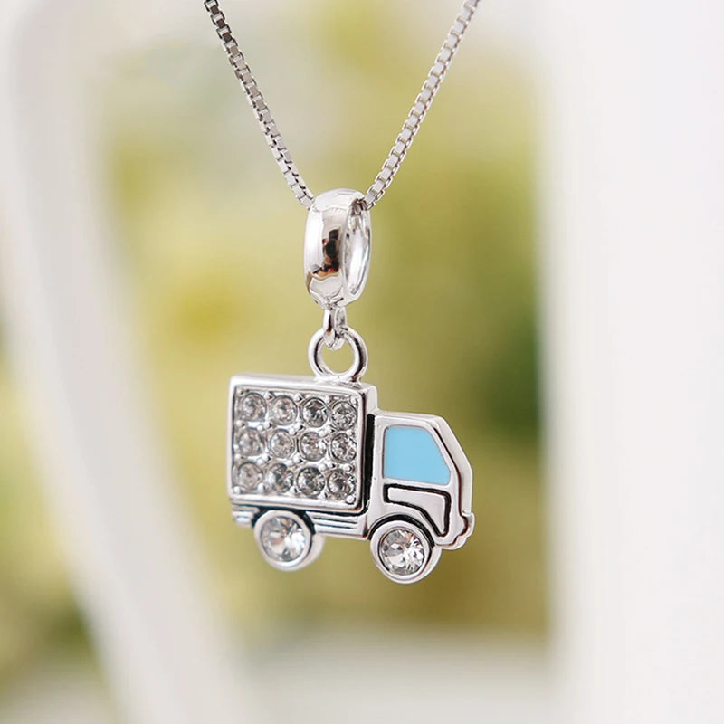 925 Silver Little Truck Charm Pendant with CZ for Bracelets