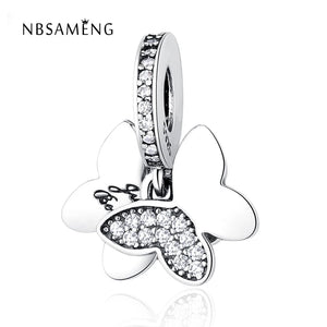 925 Silver Charm Fluttering Butterflies Dangle Pendant Crystal